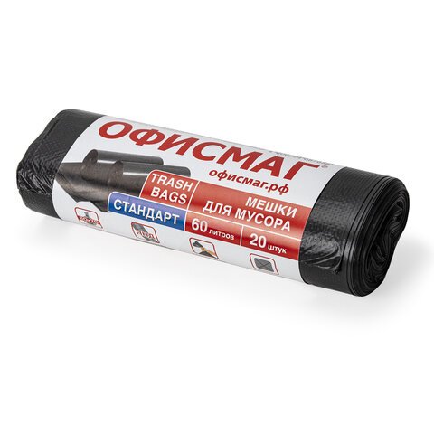 превью Мешки для мусора 60 л, черные, в рулоне 20 шт., ПНД, 12 мкм, 60×70 см (±5%), стандарт, ОФИСМАГ
