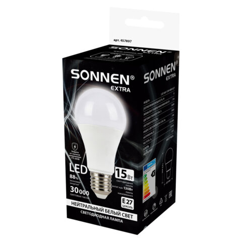 Лампа светодиодная SONNEN EXTRA, 15 (130) Вт, Е27, груша, нейтральный белый, 30000 ч, LED A60-15W-4000-Е27