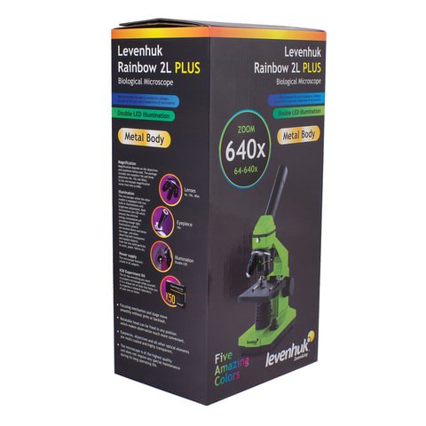 Микроскоп учебный LEVENHUK Rainbow 2L PLUS, 64-640 кратный, монокулярный, 3 объектива