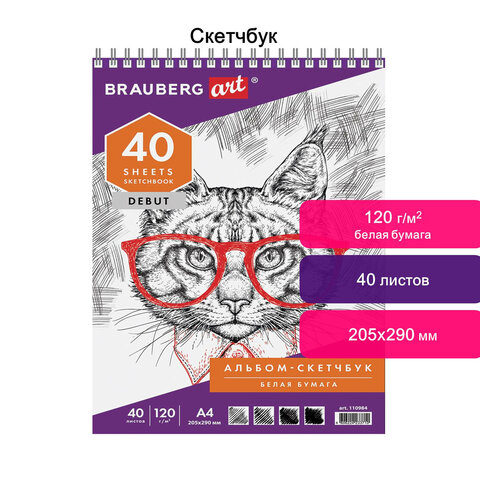 Скетчбук, белая бумага 120 г/м2, 205×290 мм, 40 л., гребень, жёсткая подложка, BRAUBERG ART «DEBUT», 110984