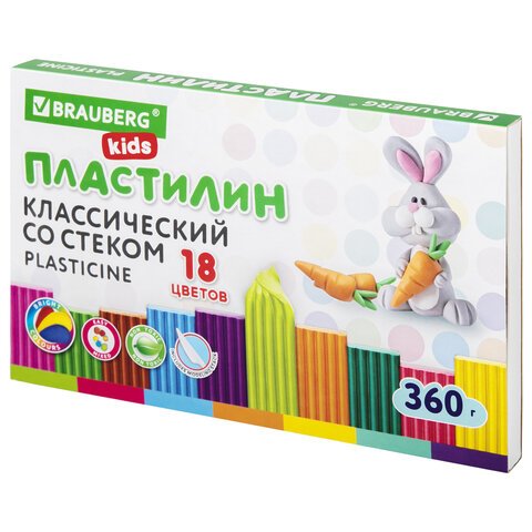 превью Пластилин классический BRAUBERG KIDS, 18 цветов, 360 г, со стеком