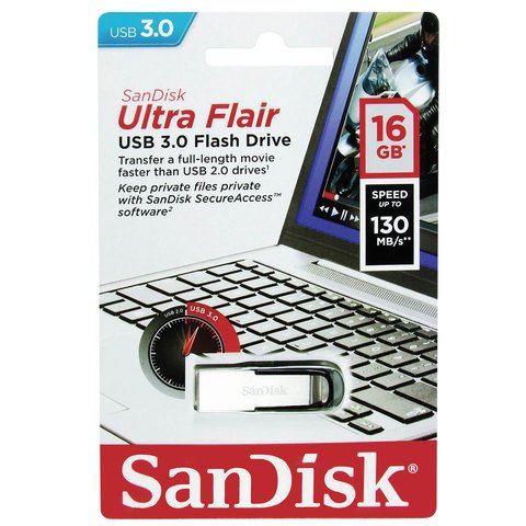 Флэш-диск 16 GB, SANDISK Ultra Flair, USB 3.0, металлический корпус, серебристый