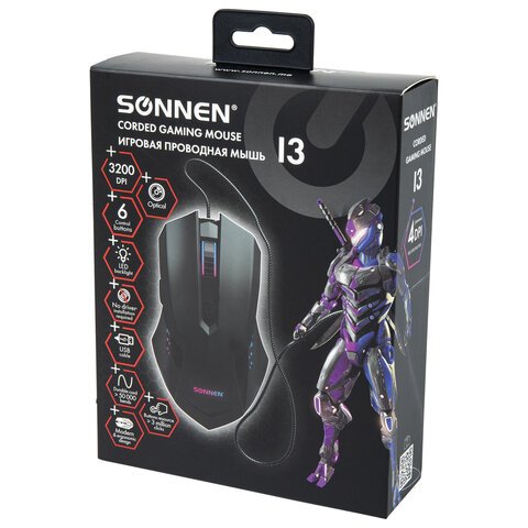 Мышь проводная игровая SONNEN I3, пластик, 6 кнопок, 800-2400 dpi, LED-подсветка, черная
