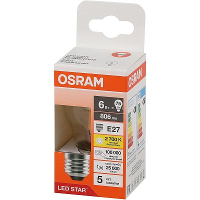 Лампа светодиодная OSRAM LSCLP75 6W/827 230VFILCL E27 FS1