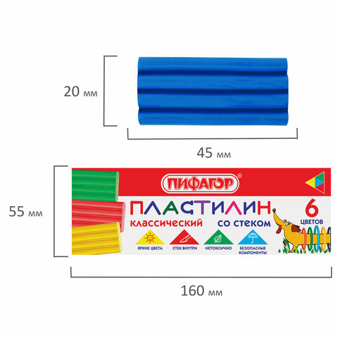 Пластилин классический ПИФАГОР «Веселая такса», 6 цветов, 90 г, СО СТЕКОМ