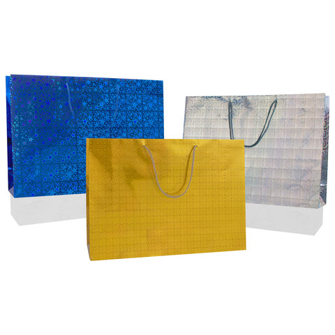 Пакет подарочный 45×13x33 см (XL), НАБОР 3 шт., 3 дизайна, голография, ЗОЛОТАЯ СКАЗКА