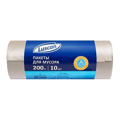 Мешки для мусора на 200 л Luscan прозрачные (ПВД, 50 мкм, в рулоне 10 шт, 90×130 см)