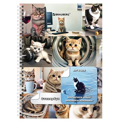 Стикербук ПРОСТО НАКЛЕЙ А6, 16 листов, 96 цветных стикеров, на гребне, BRAUBERG, «Коты мемы»