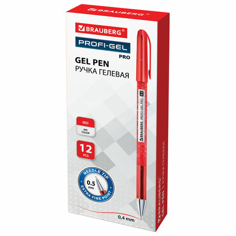 Ручка гелевая BRAUBERG «Profi-Gel PRO», КРАСНАЯ, линия письма 0.4 мм, игольчатый наконечник 0.5 мм, печать на корпусе