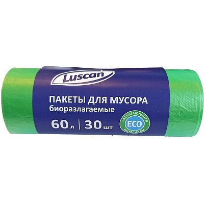 Мешки для мусора на 60 л Luscan Bio зеленые (ПНД, 12 мкм, 30 штук в рулоне, 58×68 см)