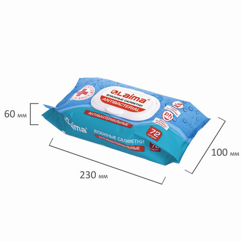 Салфетки влажные, 72 шт., ЛАЙМА Antibacterial, антибактериальные, клапан крышка, 129997
