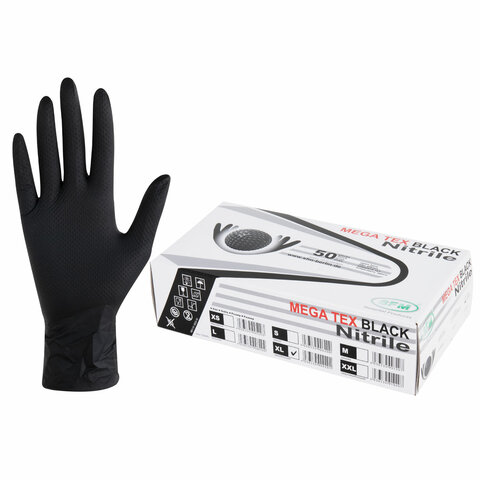 превью Перчатки нитриловые сверхпрочные с текстурой SFM MEGA TEX BLACK 25 пар (50 штук)XL (очень большой)