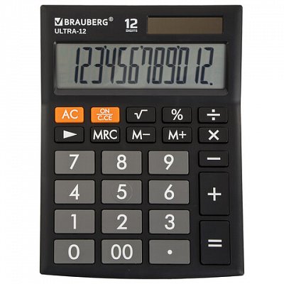 Калькулятор настольный BRAUBERG ULTRA-12-BK (192×143 мм), 12 разрядов, двойное питание, ЧЕРНЫЙ