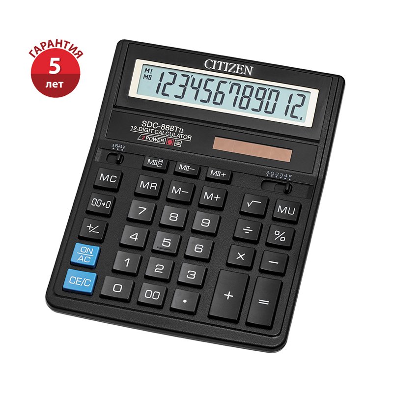 превью Калькулятор настольный Citizen SDC-888TII, 12 разрядов, двойное питание, 158×203×31мм, черный