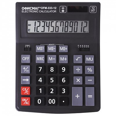 Калькулятор настольный ОФИСМАГ OFM-333 (200×154 мм) 12 разрядов, двойное питание, ЧЕРНЫЙ