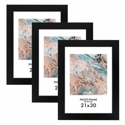 превью Рамка 21×30 см небьющаяся, КОМПЛЕКТ 3 шт., багет 29 мм, МДФ, BRAUBERG «Basic», черная