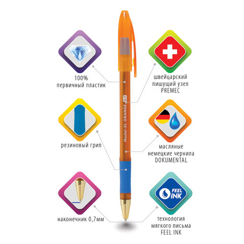 Ручка шариковая масляная с грипом BRAUBERG Model-XL ORANGE, СИНЯЯ, узел 0.7 мм, линия 0.35 мм, 143246