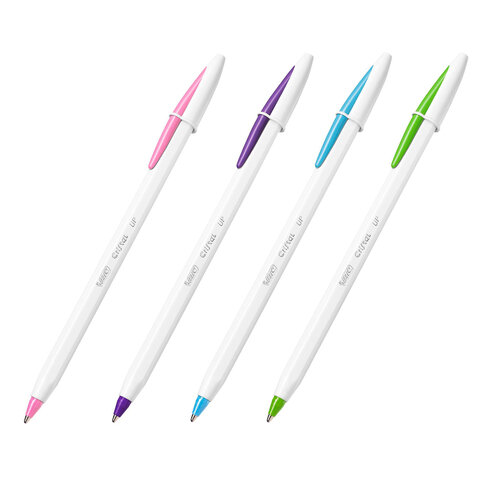 Ручки шариковые BIC «Cristal Up Fun», НАБОР 4 ЦВЕТА (салатовый, розовый, фиолетовый, голубой), узел 1 мм, линия 0.32 мм, блистер