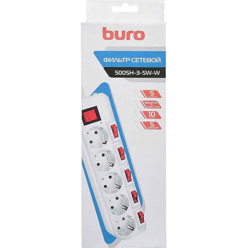 Сетевой фильтр Buro 500SH-3-SW-W 3м (5 розеток) белый (коробка)
