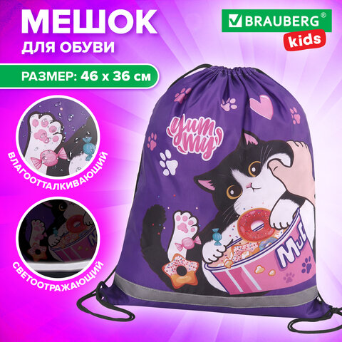Мешок для обуви BRAUBERG KIDS, с петлей, светоотражающая полоса, 46×36 см, Sweet cheeks