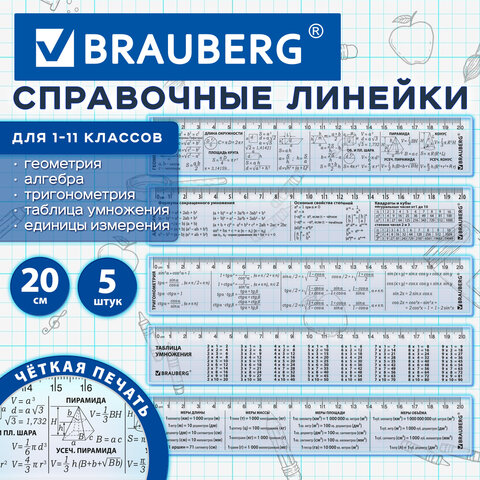 Линейки пластиковые 20 см справочные BRAUBERG, НАБОР 5 шт., для 1-11 классов, пенал