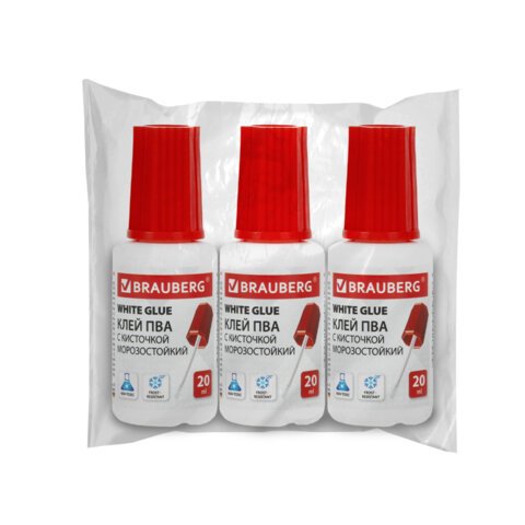 Клей ПВА 20 г, с кисточкой, BRAUBERG CLASSIC, ВЫГОДНАЯ УПАКОВКА, КОМПЛЕКТ 3 шт. в пакете