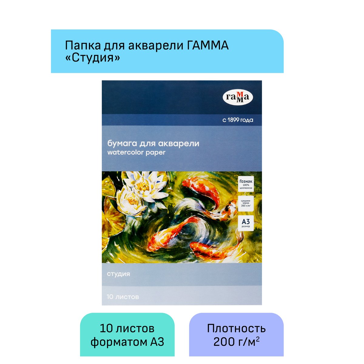 Папка для акварели, 10л., А3, Гамма «Студия», 200г/м2, среднее зерно