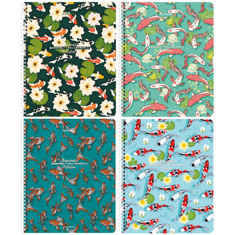 Тетради ДЭК А5 48 л. КОМПЛЕКТ 4 шт., BRAUBERG, гребень, клетка, TWIN лак, «Карпы Кои»