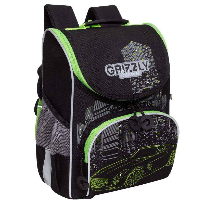 Рюкзак школьный GRIZZLY RAm-385-2/1 с мешком черный - салатовый