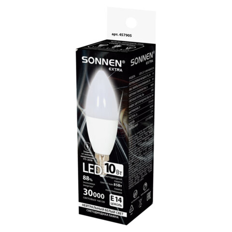 Лампа светодиодная SONNEN EXTRA, 10 (85) Вт, Е14, свеча, нейтральный белый, 30000 ч, LED C37-10W-4000-Е14