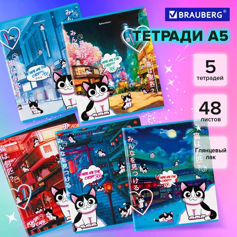 превью Тетради ДЭК А5 48 л. КОМПЛЕКТ 5 шт. BRAUBERGклеткаматовая ламинациялак«Аниме Кот»404671