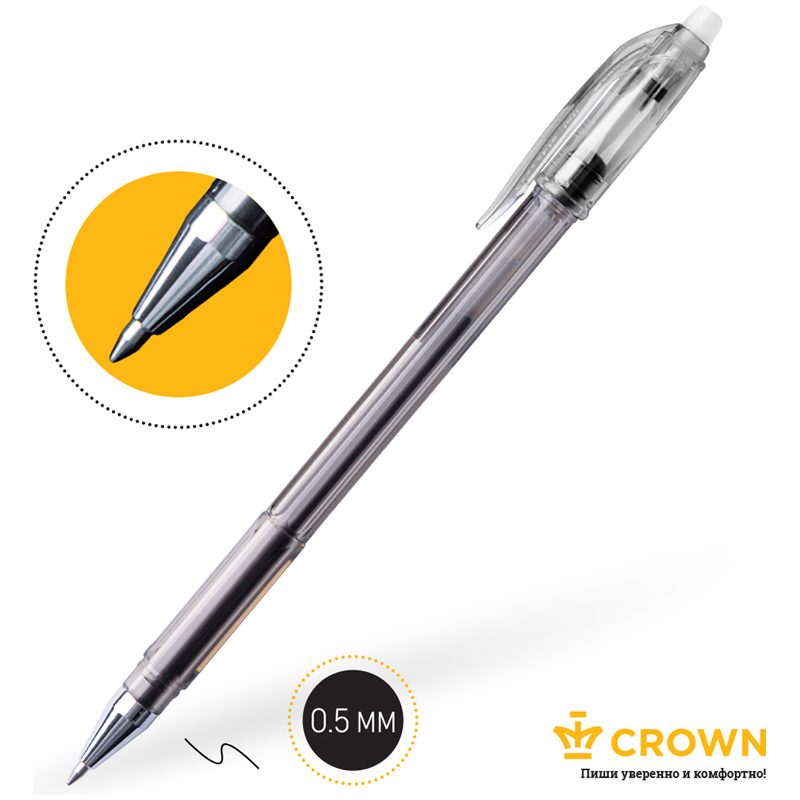 Ручка стираемая гелевая CROWN «Erasable Jell», ЧЕРНАЯ, узел 0.5 мм, линия письма 0.34 мм