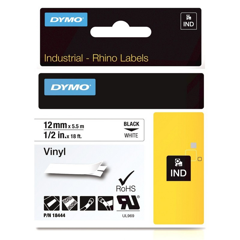 Картридж для принтеров этикеток DYMO Rhino, 12 мм х 5.5 м, лента виниловая, чёрный шрифт, белая
