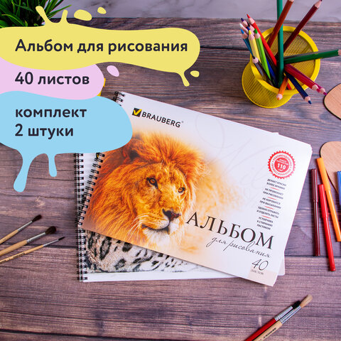 Альбомы для рисования А4 40 л., КОМПЛЕКТ 2 шт., гребень, обложка картон, BRAUBERG, 205×290 мм, «Хищники» (2 вида)
