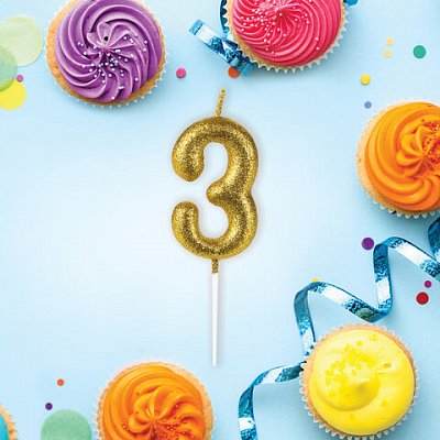 Свеча-цифра для торта «3» золотая с глиттером, 6 см, ЗОЛОТАЯ СКАЗКА, на шпажке, в блистере