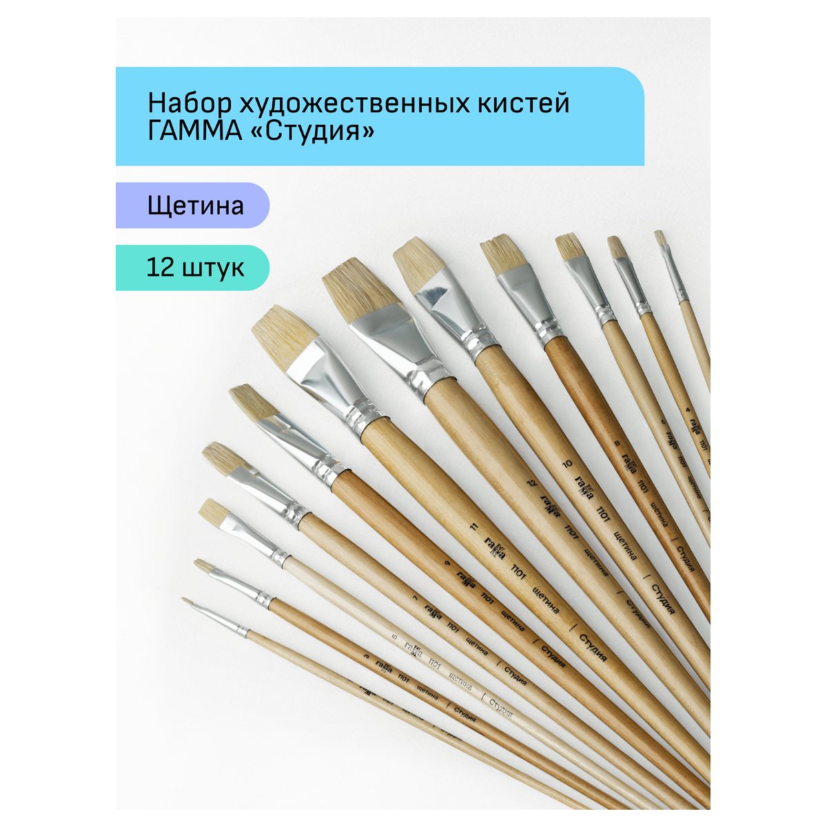 Набор художественных кистей щетина Гамма «Студия», 12шт., плоские №1.2.3.4.5.6.7.8.9.10.11.12