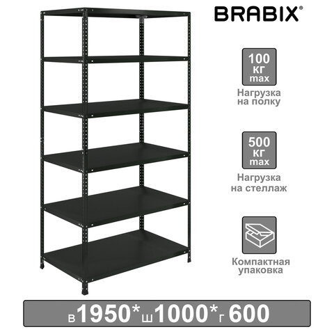 превью Стеллаж металлический BRABIX «ГРАФИТ MS KD-195/60-6», лофт, 1950×1000х600 мм, 6 полок, 291274
