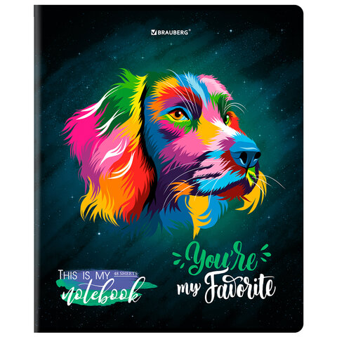 Тетрадь А5, 48 л., BRAUBERG, скоба, клетка, матовая ламинация, выборочный лак, «Animals Pop-Art»