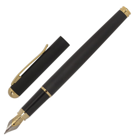Ручка подарочная перьевая BRAUBERG Maestro, СИНЯЯ, корпус черный с золотистыми деталями, линия письма 0.25 мм