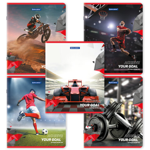 Тетради ДЭК А5 48 л. КОМПЛЕКТ 5 шт., BRAUBERG скоба, клетка, глянцевый лак, «Sport Club»