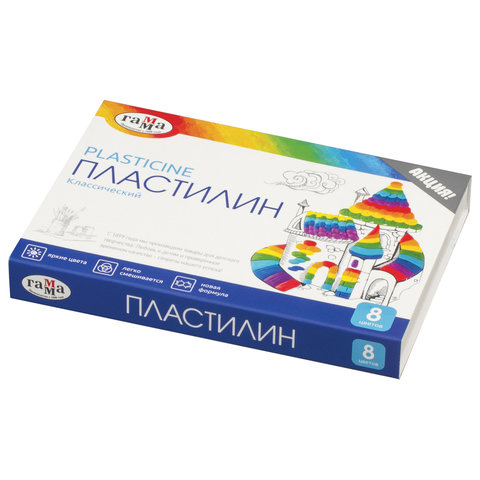 превью Пластилин классический ГАММА «Классический», 8 цветов, 160 г, со стеком, картонная упаковка