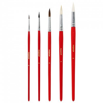 Кисти ПИФАГОР, набор 5 шт. (беличья круглая № 3, из ворса козы круглая № 6, 8, пони круглая № 2, 5)