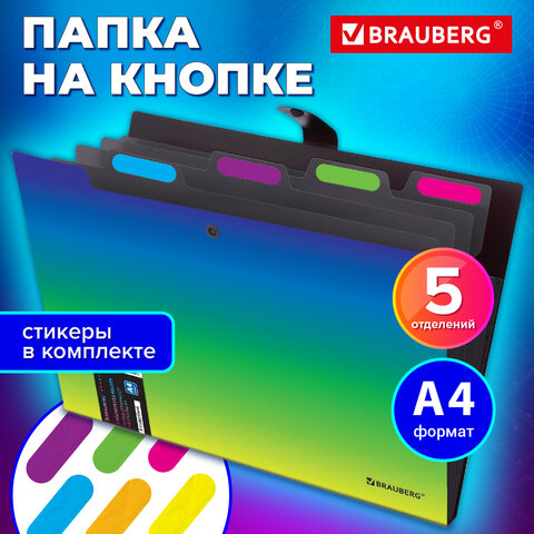 Папка-органайзер на кнопке 5 отделений, BRAUBERG GRADE, A4, зелено-голубой градиент
