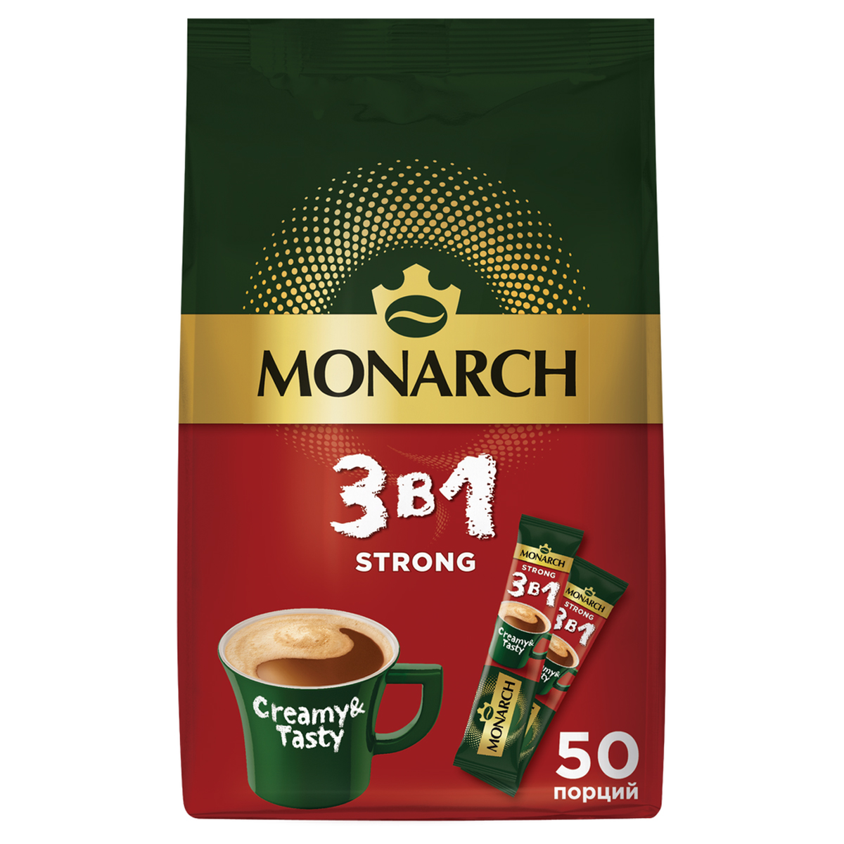 превью Кофе растворимый Monarch «Strong», 3в1, порошкообразный, порционный, 50 пакетиков*13.5г, мягкая упаковка