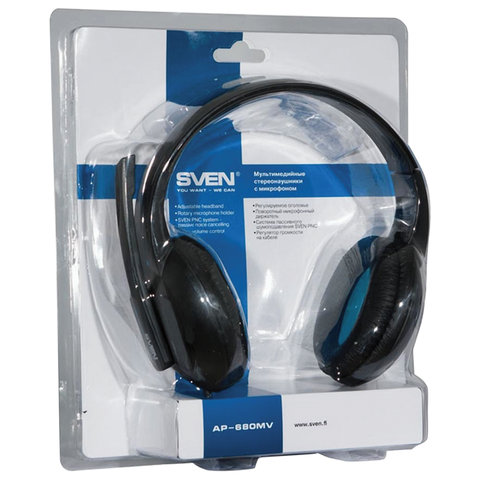 Наушники с микрофоном (гарнитура) SVEN AP-680MV, проводные, 2.5 м, с оголовьем, черные