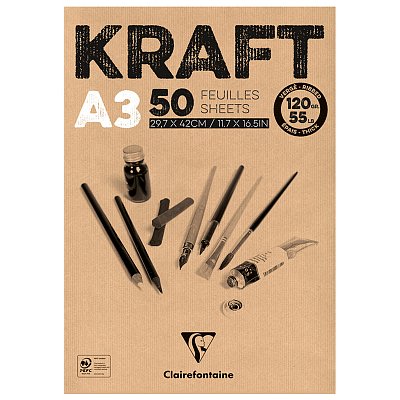 Блокнот для эскизов и зарисовок 50л. А3 на склейке Clairefontaine «Kraft», 120г/м2, верже, крафт