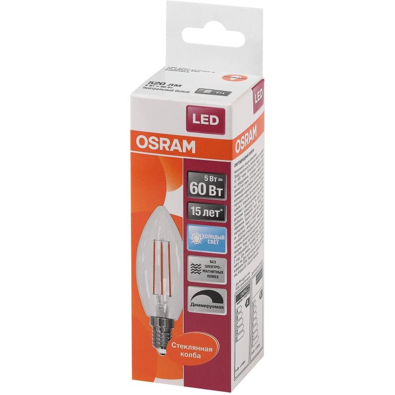 Лампа светодиодная OSRAMLSCLB60D 5W/840 230V FIL E14 FS1