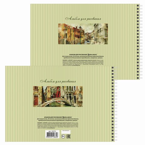 Альбомы для рисования А4 40 л., КОМПЛЕКТ 2 шт., гребень, обложка картон, BRAUBERG, 205×290 мм, «Город» (2 вида)
