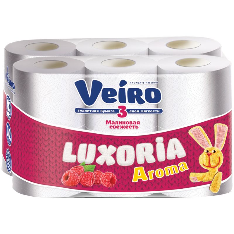 превью Бумага туалетная Veiro «Luxoria Aroma. Малиновая свежесть» 3-слойная, 12шт., цветное тиснение, белая