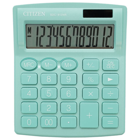 Калькулятор настольный CITIZEN SDC-812NRGNE, КОМПАКТНЫЙ (124×102 мм), 12 разрядов, двойное питание, БИРЮЗОВЫЙ